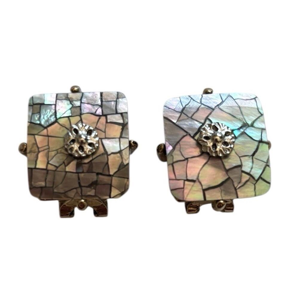 Liz Claiborne Mosaic Clip On Earrings Abalone Shell Bold Vintage Jewelry
